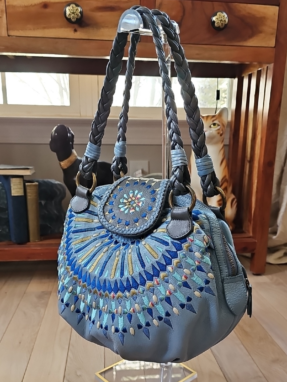 Embroidered Blue Leather Boho Shoulder Bag By Designer Isabella Fiore